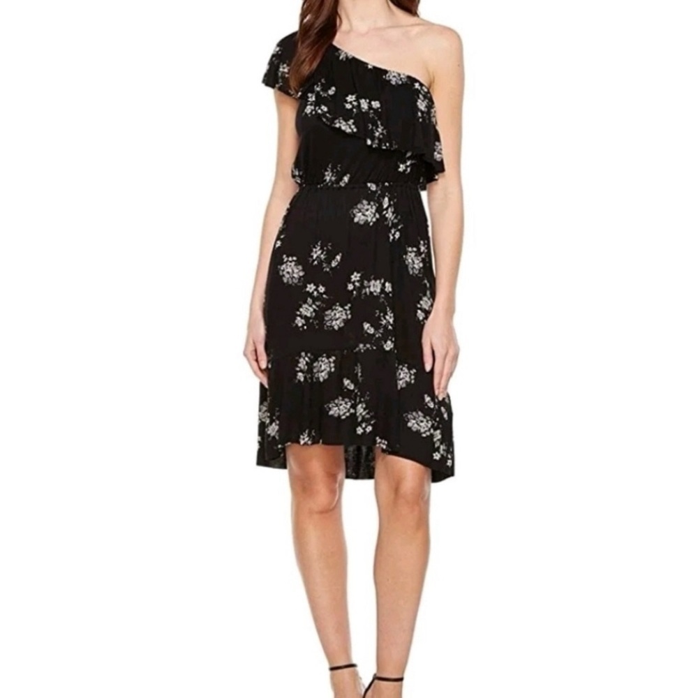 LUCKY BRAND Black Botanical Boho Ruffle Dress One Shoulder Short Sleeve XS